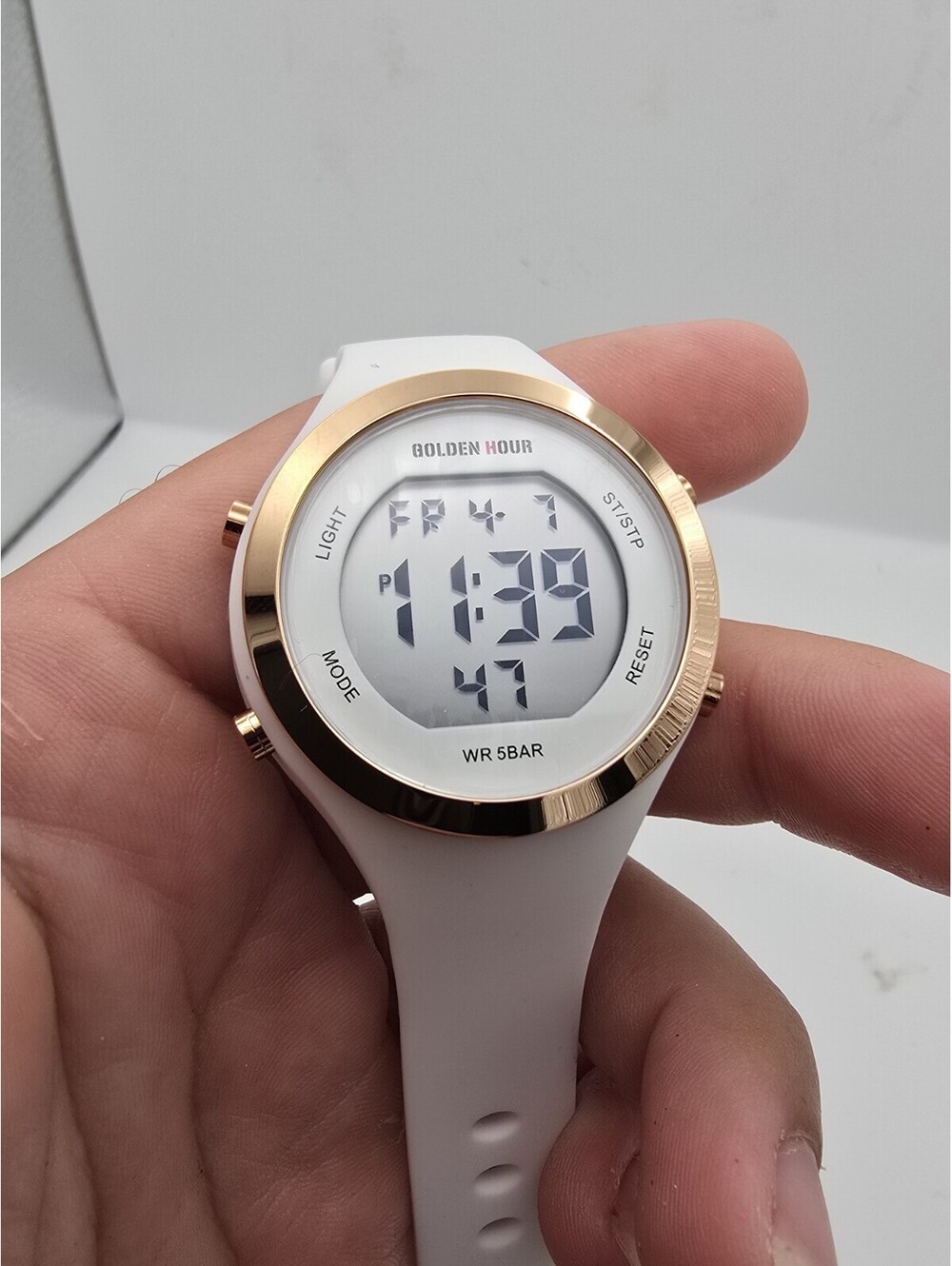 Golden Hour Digital Watch White Silicone Rose Gold Tone Bezel 50M WR Backlight